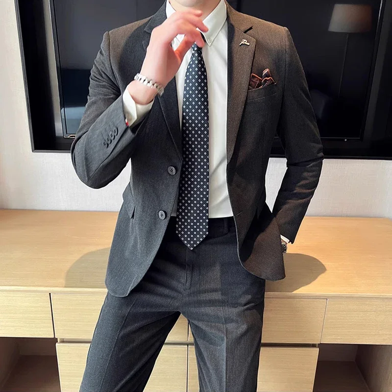 Mens Grooming Brand - (ジャケット + パンツ) 高級ブランドブティック無地メンズカジュアルビジネスオフィススーツ新郎ウェディングドレスパーティーブレザーパンツ