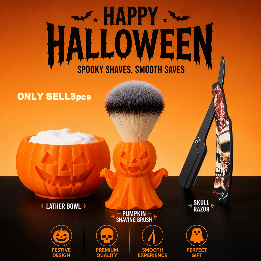 Men'S Grooming Set Gift - 3点セットのハロウィン・メンズ・ヴィンテージ・シェービングセット。カボチャの彫刻が施された石鹸置き、カボチャの幽霊が描かれたシェービングブラシ、黒いドクロとドラゴン柄のストレートレザー用スタンド、ダークカラーのサロン風ウェットシェービング・グルーミングセット。男性、夫、恋人へのホリデーや誕生日プレゼントに最適。カミソリの刃は含まれません。