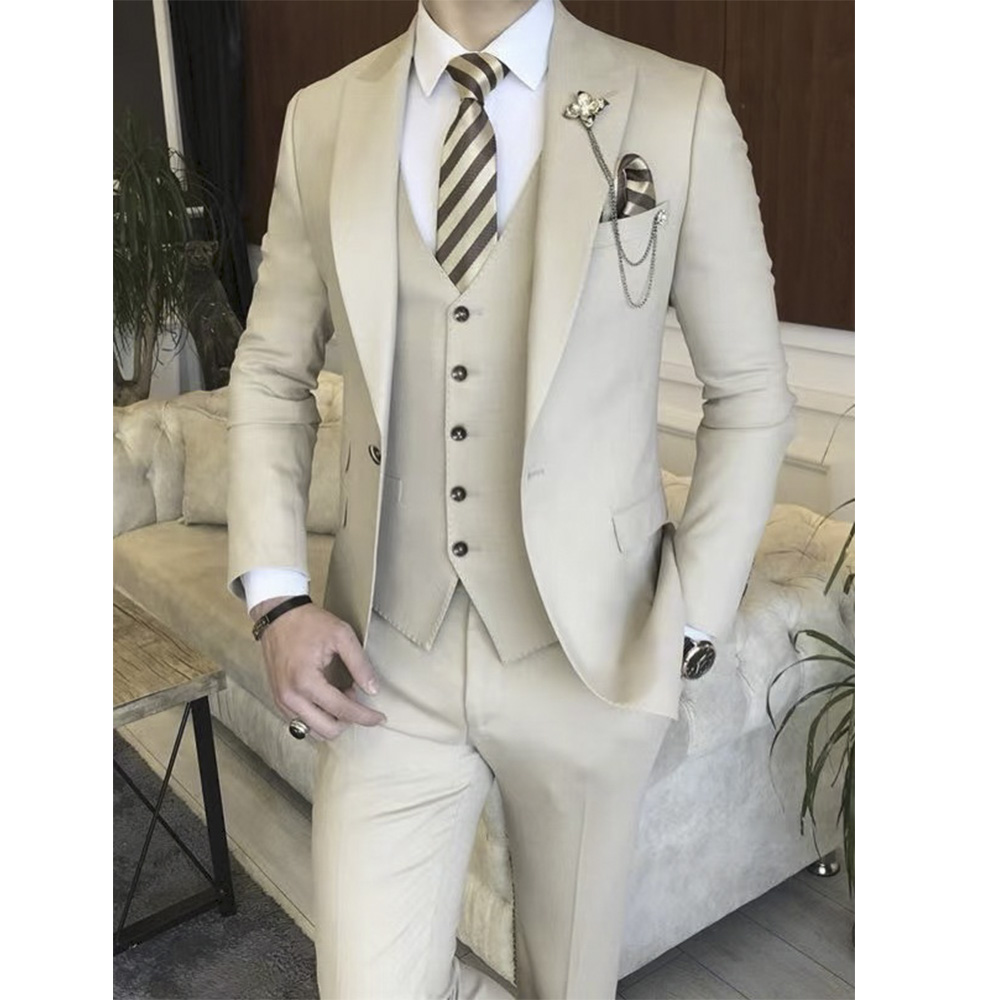 Mens Grooming Brand - ベージュのフルメンズスーツセット、結婚式新郎用カスタムメイド高級ブランド、男性用ジャケット、ベスト、パンツ、スリムフィット、プロムブレザー、トラウザーズ、3ピーススーツ
